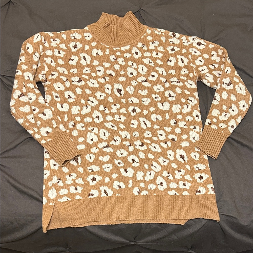 LOFT Tan Leopard Print Sweater with Glitter Accent XSP